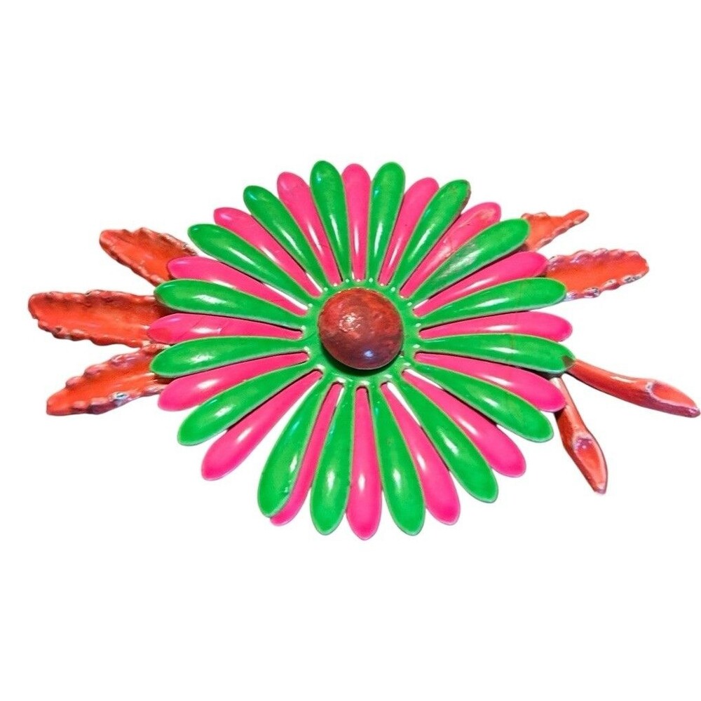 Vintage 1960s Brooch Pin Flower Enamel Lime Green Hot Pink